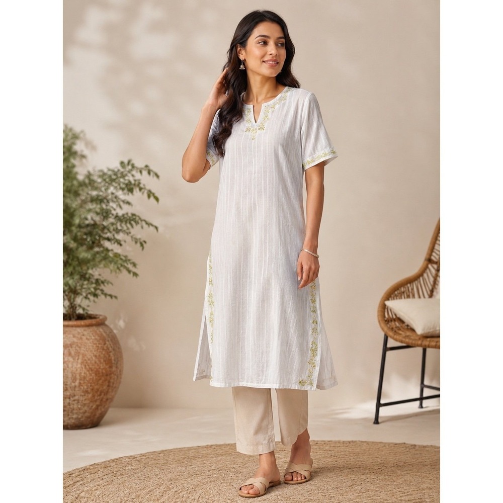 Fabindia Women's White Embroidered Cotton Tunic‎ Dress Kurta Boho India Medium